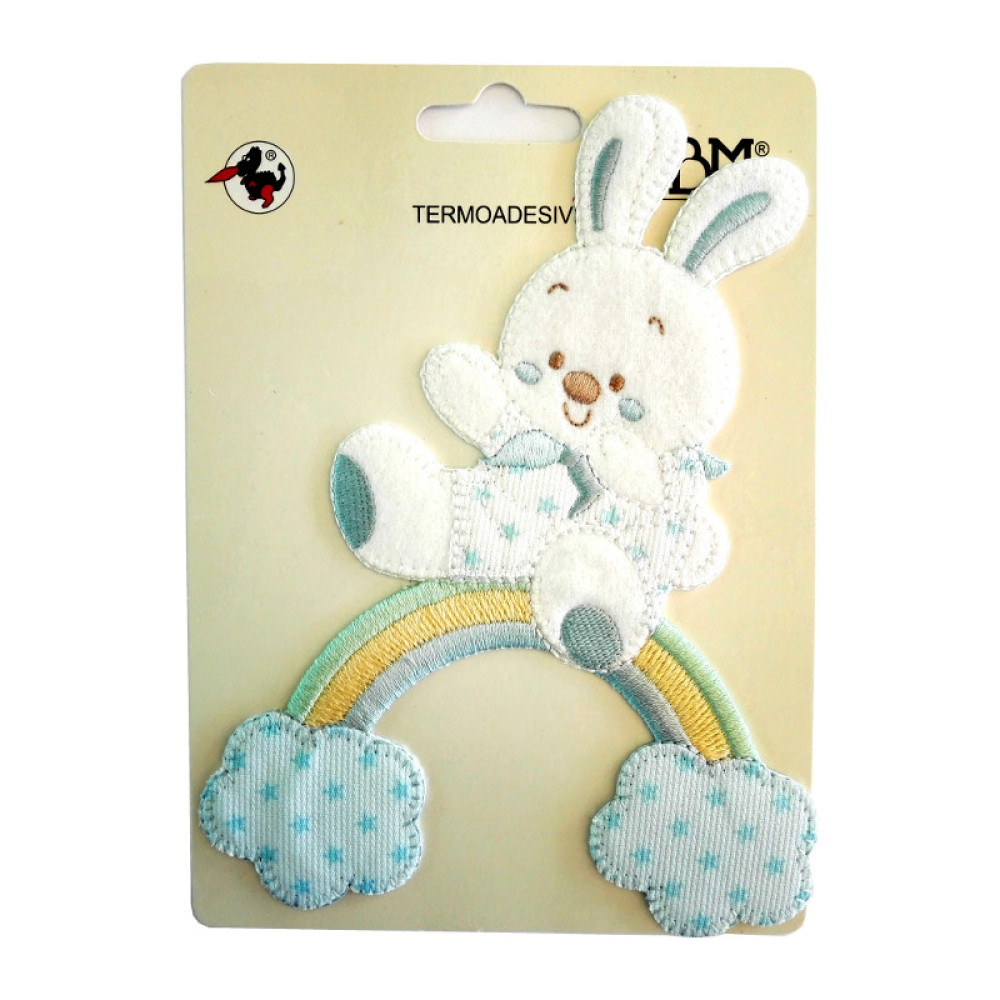 Iron-on Patch - Baby Teddy Bear with Rainbow and Clouds - Light Blue